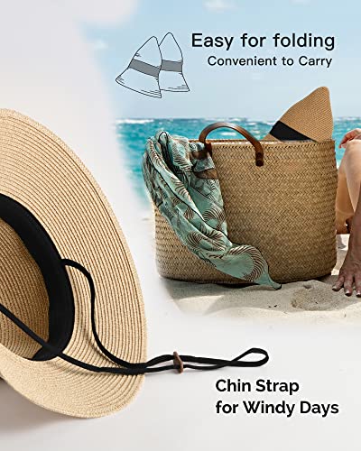 FURTALK Womens Beach Sun Straw Hat UV Protection Travel Packable Foldable Brim Summer UV Hat - color: Beige-sky Blue, size: Large-X-Large