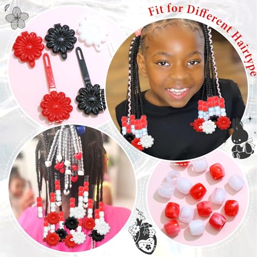 60PCS Hair Dreadlocks Beads Red&&Black&White Loc Bead Decoration Flower Self Hinge Barrettes Plastic Cartoon Hairpin 80s 90s Barrette Clip Decoration Accessories for Toddler Girls - color: Black&Red&White