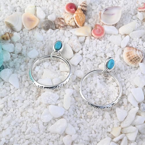 Natural Turquoise Gemstone Birthstone Stud Earrings with Circle Dangle Hoop Earrings Boho style for Vintage Western Jewelry - color: Silver and Blue