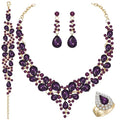 Paxuan Crystal Bridal Wedding Jewelry Sets for Women Rhinestone Teardrop Crystal Statement Choker Necklace Drop Earrings Link Bracelets Rings Teardrop Jewelry Set for Brides Bridesmaids - color: Gold Plated Purple Crystal