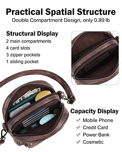 FADEON Small Purses for Women Crossbody Bags, Designer PU Leather Mini Cross Body Purse Travel Shoulder Bag Card Slots - color: Coffee Brown Retro Style