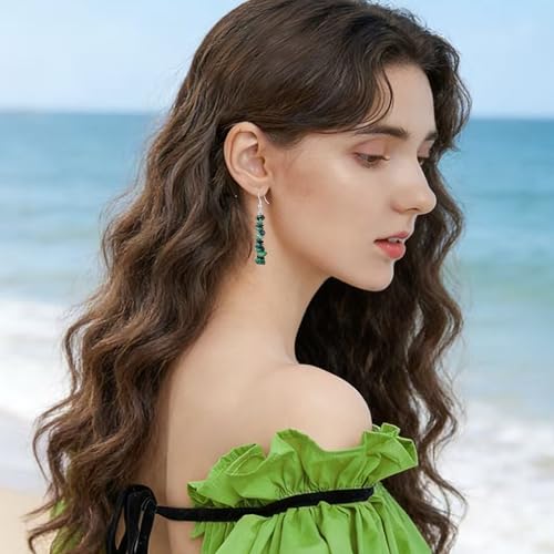 Handmade Bohemian Vintage Silver Nature Stone Beads Long Dangle Drop Earrings for Women - color: Black Green