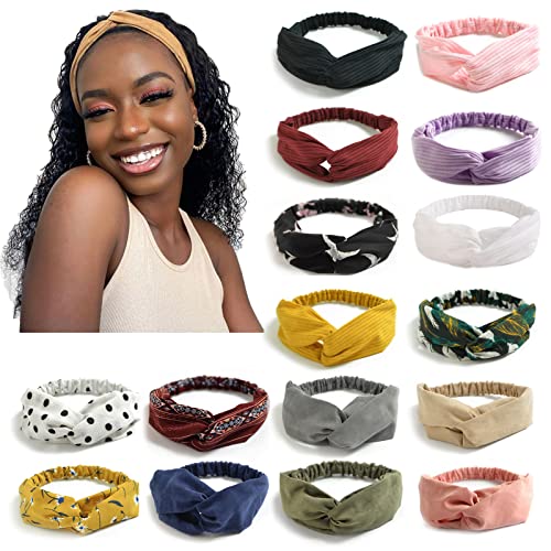 DRESHOW 16 Pack Turban Headbands for Women Elastic Back Twisted Hair Bands Face Vintage Cross Head Wrap Hair Accessories - color: 16 Pack：vintage Criss Cross B