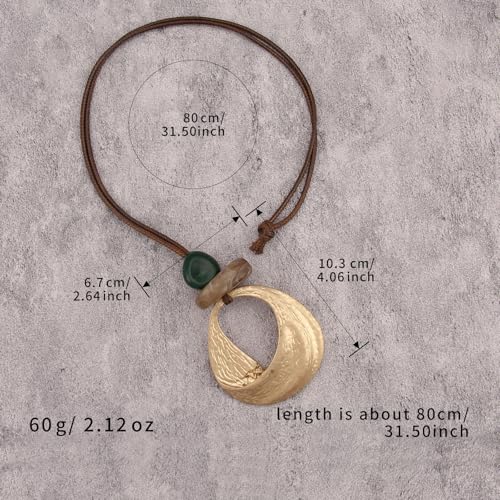 Boho Necklace for Women, Long Chunky Leather Hammered Pendant Adjustable Handmade Jewelry