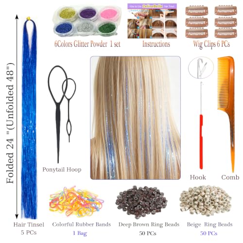 Celinebella Sapphire Blue Hair Tinsel, 48" 1250 Strands Royal Shimmer | Elegant cool sapphire royal blue, premium shimmer, heat resistant, great for 4th of July concerts daily trendy styling - color: 07-Royal Blue, size: 48 Inch Pack of 5Pcs