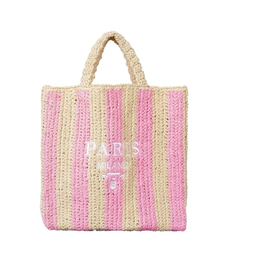 Straw Beach Bag for Women Summer Woven Tote Bag Packable Straw Purses and Handbags for Vacation Holiday - color: M-pink