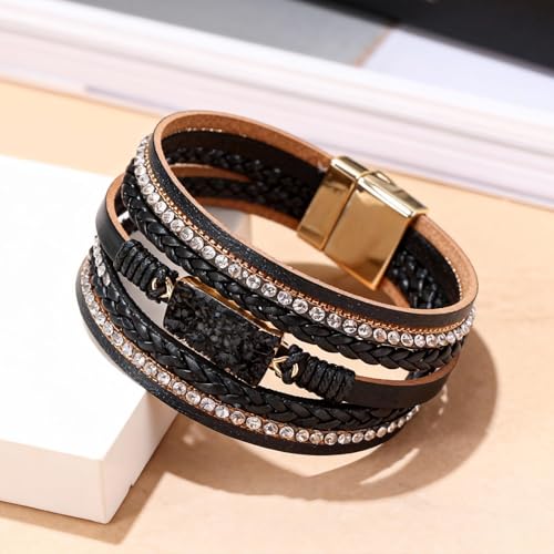 Long tiantian Leather Wrap Bracelets Boho Bracelets for Women Rhinestone Leather Bangles Boho Western Outfit Accessories Jewelry Gifts - color: black
