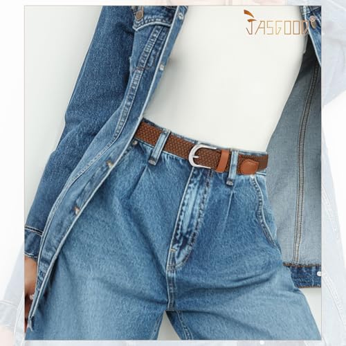 JASGOOD 2 Pack Braided Belts for Women, 1'' Narrow Width Elastic Woven Stretch Fabric Cloth Belts with Gold Buckle - color: F-black+brown, size: Fit Size 29"-32"