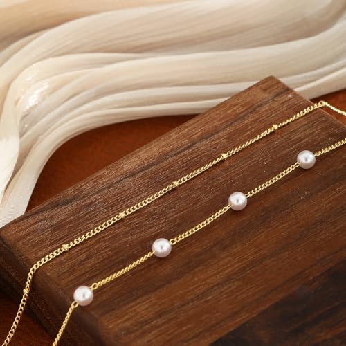 Kyerlyn Body Chain for Women 14K Gold Plated Waist Beads Chain Gold Belly Belt Cuban Layered Body Chains Waterproof Adjustable Sexy Bikini Beach Body Jewelry Daily Belts Gifts for Women 26.5-33Inch - style: Pearl + Satellite