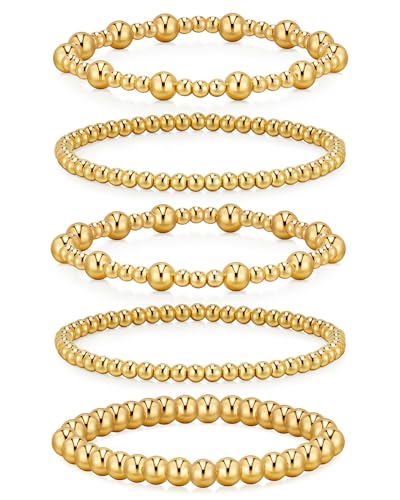 doubgood Gold Bracelets for Women, 5 Piece 14K Gold Plated Bracelet Stack Beaded Ball Jewelry Sets Gifts for Women - color: Style 1-Gold-7.25IN