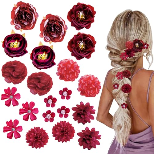 21 PCS Hair Flowers Boho Hair Barrettes Accessories Hawaiian Silk Flower Clips Girls Red Floral Bride Headpiece Festival(Red) - color: red, size: 1 Count (Pack of 21)