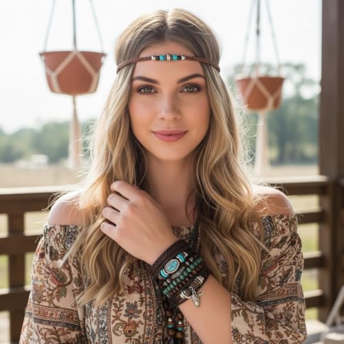 Turquoise Leather Western Bracelets for Women Men Bohemian Retro Turquoise Wrap Bracelets Exquisite Layered Stacked Cowboy Cowgirl Bracelet Western Country Concert Outfits Leather Cuff Bracelet for Women - style: Bull Head