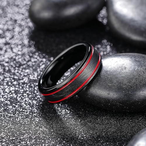 King Will Mens Tungsten Rings for Men Two Tone Grooved Mens Wedding Band Cool - color: Black & Red Two Groove 6mm