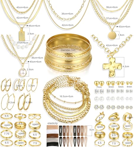 FAXHION 68 Pcs Gold Jewelry Set for Women with 7 Necklace, 17 Bracelet, 5 Hoop Earrings, 15 Stud Earrings, 24 Knuckle Rings for Women Jewelry Set for Women Gift - color: chunky jewelry pack