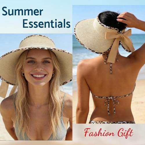 Women's Sun Visor Hats Wide Brim Beach Hat Straw Ponytail Visor Packable Foldable UPF 50+ Floppy Travel Hats - color: Beige02