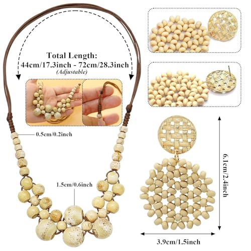 2 Pcs Hippie Boho Colorful Ceramic Beaded Necklace and Earrings Set for Women Adjustable Chunky Round Beads Strand Statement Necklace Colorful Summer Beaded Earrings Bohemian Jewelry Gift - color: Beige