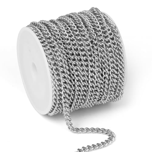 33FT Stainless Steel Curb Chain Roll, 5mm 304 Stainless Steel Flat Twisted Links Curb Chains Bulk Spool for Jewelry Making Necklace DIY Craft - color: Stainless Steel, size: 5.0mm width