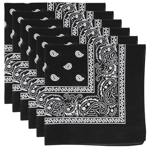 6 Pack Pure Cotton Bandana, Multi-Purpose Square Handkerchief, Face Mask headband for Men and Women - color: Black