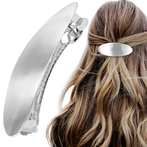 HINZIC 3inch Oval Hair Barrette Metal Large Hair Clip Vintage Silver French Wedding Prom Formal Hair Accessories for Women Long Thick Hair - color: Silver