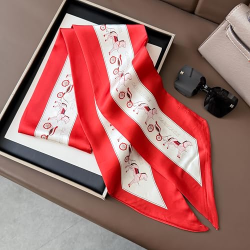 Hair Scarf for Women - 53"x5.3" Purse Scarf, Extra Long Satin Wrap, Versatile Belt & Boho Neck Accessory - color: Red Horse
