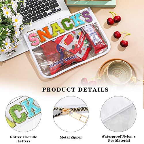 DYSHAYEN Chenille Letter Clear Zipper Pouch for Travel,Nylon Clear Cosmetic Bag,Makeup Travel Bag for Women Girls 11.8 Inches x 8.2 Inches - color: White-Snacks