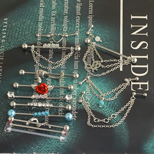 Suotarn 14G Industrial Piercing Jewelry For Women Men Stainless Steel 38 Industrial Barbell Long Cartilage Helix Conch Earrings Stud 14G Gauges Industrial Jewelry Butterfly Heart Cool 7-18pcs - color: Set # 5