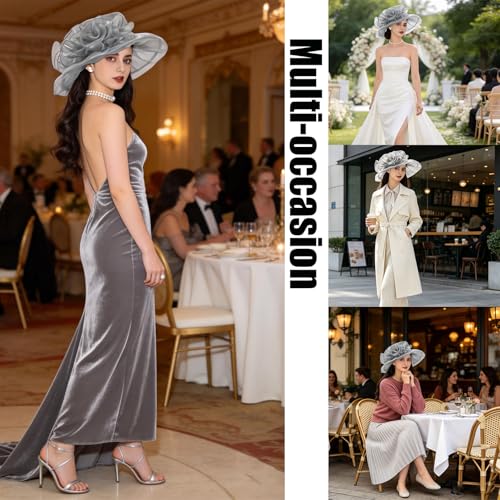 Women's Kentucky Derby Church Dress Hat Wide Brim Leaf Flower Bridal Shower Hat - color: G2 Grey