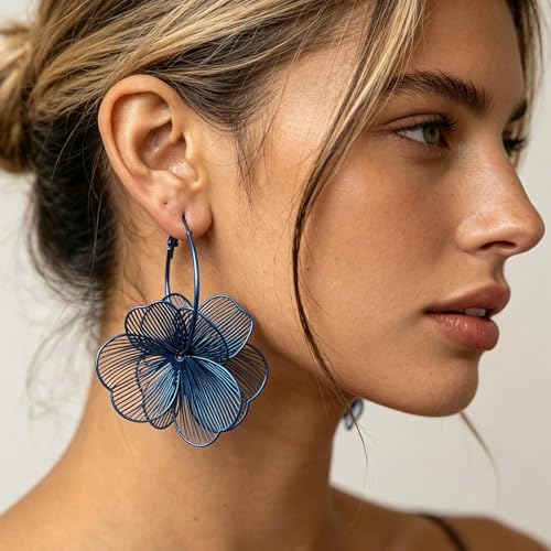Gold Flower Statement Earrings for Women Boho Trendy Hoop Earrings Floral Dangle Petal Earring Prom Wedding Jewelry Gifts - color: A7:blue