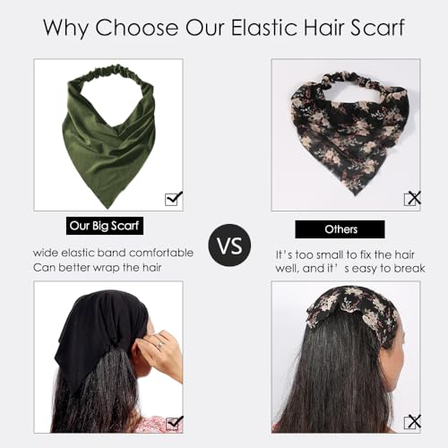 Vercret 6 Pack Hair Scarf Headband for Women Elastic Bandana Head Scarf Large Boho Triangle Kerchief with Clips Non Slip Scarves - color: Q Dark Colors