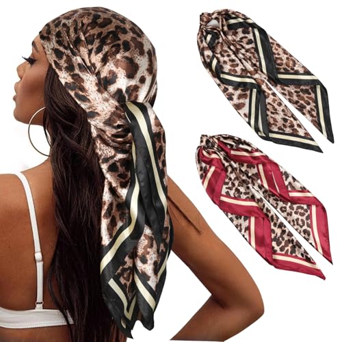 Head Scarf for Women Hair - 2 Pack 35" Square Satin Scarf, Silk Hair Scarf for Women Head Wrap for Sleeping - color: Black Leopard Print & Ruby Leopard
