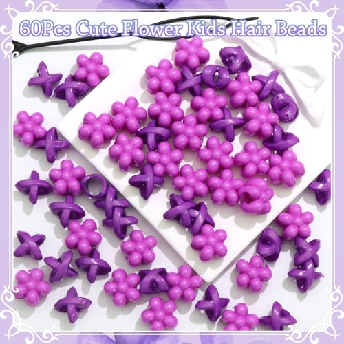 NAISKA 60Pcs Purple Flower Kids Hair Beads Tiny Hair Beads for Braids Cute Beads for Hair Small Pony Loc Beads Acrylic Dreadlock Beads Braid Clips Accessories for Girls - color: Purple