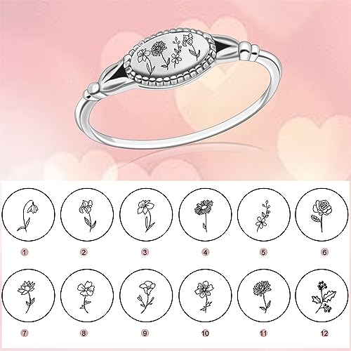 Birth Month Ring for Women Personalized Birthday Flower Signet Rings 925 Sterling Silver Vintage Rings Personalized Gift with Birth Flowers for Mom Daughter Girlfriend Wife Friend - color: 4 flowers