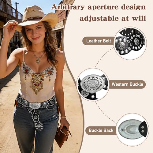 Leather Western Boho Belts for Woman, 53.1inch Concho Vintage Belt for womens Dress Jeans, Country Black
