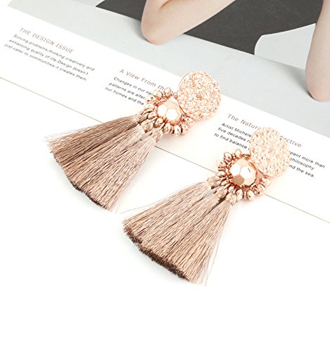 boderier Bohemian Statement Thread Tassel Chandelier Drop Dangle Earrings with Cassandra Button Stud - color: Rose Gold