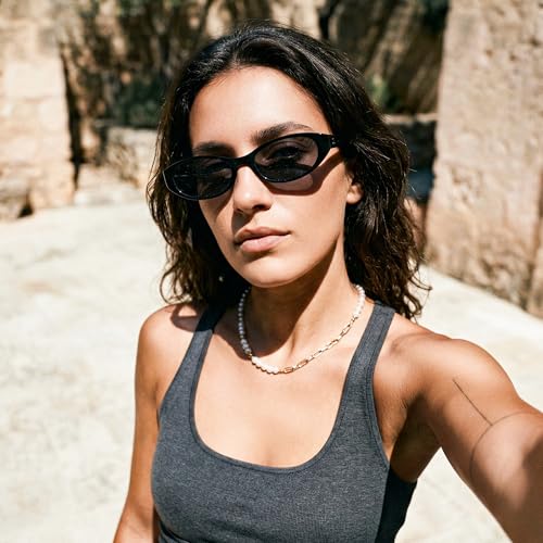 FEISEDY Retro Oval Womens Sunglasses, Trendy Cat Eye Skinny Chic Narrow Y2K 90s Small Sunnies B9177 - color: Black Frame - Black