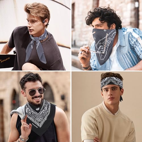Mochabao 100% Cotton 27" x 27" Large Bandanas for Men & Women, Multi-Purpose Bandana Headbands, Square Head Scarf - color: Black/Gray