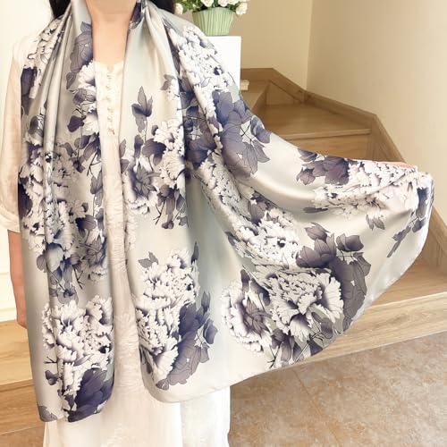 Long Silk Like Scarf Lightweight Satin Scarves Large Sunscreen Shawl Wrap for Women - color: 012.chrysanthemum Blue