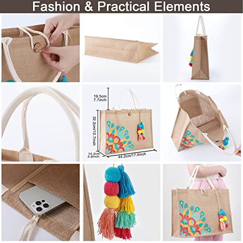 itgowisa Jute Beach Bag for Women, Burlap Beach Tote Bag with Tassel Pocket, Summer Gift for Vacation, Pool, Cruise & Grocery | Jute material - color: Colorful Tassel