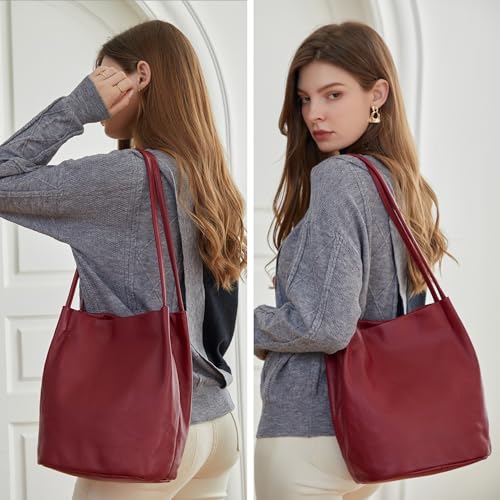 Iswee Genuine Leather Tote Bucket Bags Hobo Shoulder Bags Purse and Handbags for Women Trendy - color: Wine-lichee