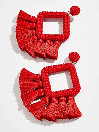Long Tassel Earrings Statement Bohemian Pom Ball Handmade Drop Dangle Earrings for Women - style: S-Red