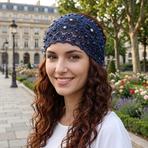 cobee 3 Pcs Elegant Lace Headbands for Women, Wide Boho Head Wrap with Rhinestone Beads Elastic Vintage Crochet Headbands Stretch Turban Hair Accessories for Women Various Holidays Yoga Wedding