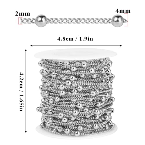 33 Feet Stainless Steel Satellite Chains Roll, 2mm 304 Stainless Steel Ball Beaded Flat Twisted Links Curb Chains Spool Bulk for Jewelry Making DIY Craft - color: Stainless Steel Big Beads Satellite Curb Chain