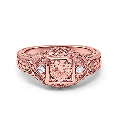Blue Apple Co. Art Deco Ring Round Cubic Zirconia Leaf Filigree Design Split Shank Twisted Band Bridal Statement Wedding Engagement Rings For Women 925 Sterling Silver Gifts For Her - color: Rose Tone, Simulated Morganite