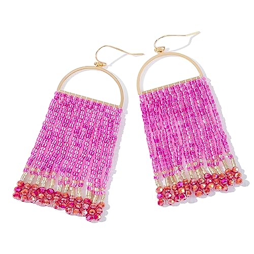 Bohemia Beaded Dangle Earrings - Handmade Seed Bead Earrings, Statement Beaded Tassel Earrings for Women - color: HOT PINK
