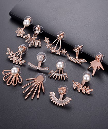 Tornito 6-12 Pairs Lotus Flower Earring Studs Chic CZ Earrings Jackets For Women Silver Rose Gold Tone - color: F:12 Pairs,Rose Gold Tone