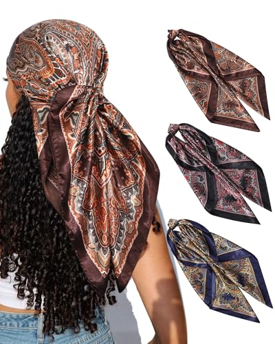 CHLINS 35" Satin Square Hair Scarf Bandanas - 3Pcs Large Silk Head Scarves Lightweight Sleeping Hair Wraps for Women - color: Brown+black+blue