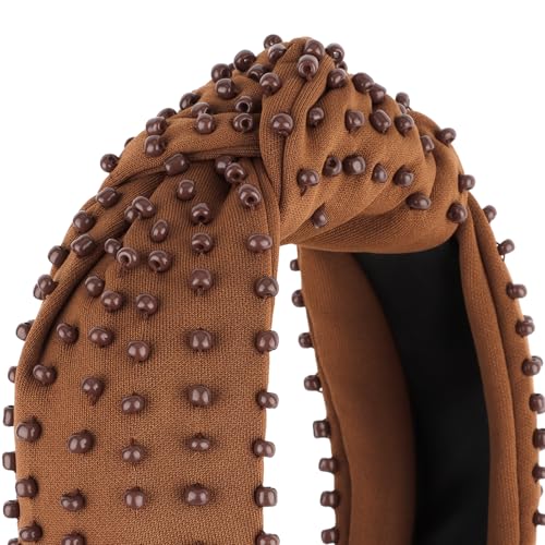 YISSION Brown Knotted Headband for Women - Wide Beaded Hair Hoop, Stylish Hair Accessory for Daily Wear, Parties, Dating & Casual Outfits - color: Brown