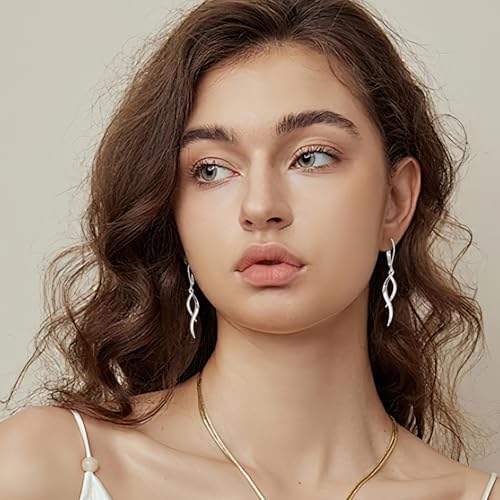 ALEXCRAFT Twisted Silver Dangle Earrings, Hypoallergenic Elegant Lightweight 14k Gold Plated Long Brushed Twisted Tassel Dangling Drop Leverback Earrings for Women Trendy Statement Jewelry in Box - color: Silver