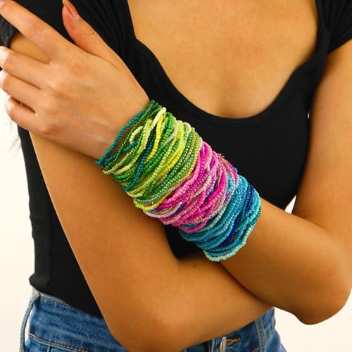 17pcs Bohemian Stackable Multilayer Elastic Bracelets - Handmade Seed Beaded Jewelry for Women & Girls - color: 30Pcs Blue