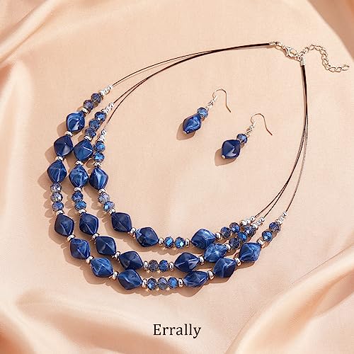 3 Layered Chunky Statement Necklace for Women Beaded Strand Necklaces with Earring Fashion Costumes Collar Necklace Jewelry Sets Gifts for Women - color: Blue